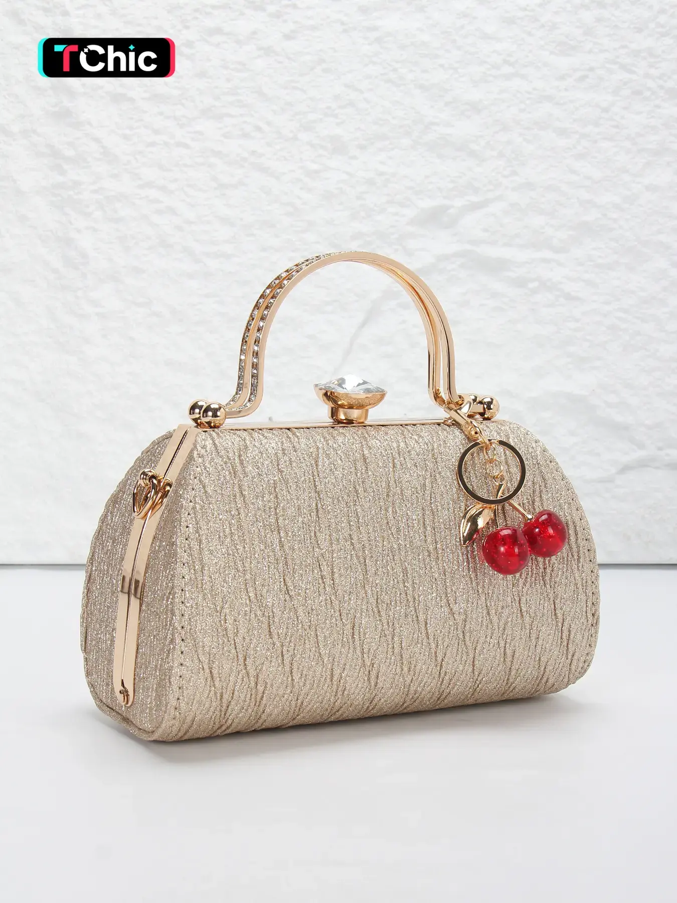 Elegant pleated ladies' evening clutch, rhinestone-embellished handle tote, spacious tote bag, clutch, with detachable shoulder chain for crossbody wear. Suitable for weddings, parties, Easter, graduation season.