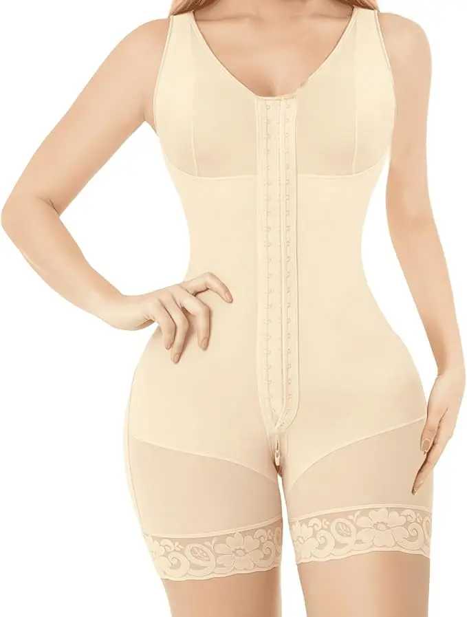 Women's Tummy Control Faja Bodysuit - Minimalist Style Post-Surgery Garment with Front Hooks, Butt Lifter, Lace Trim, Anti-Slip Strip for Christmas, Shapewear, Casual, Wedding, Family, Thanksgiving, Smooth, Fits, Elegant, V Neck, Easter, Shaper, Padded, E