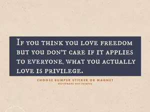 If you think you love freedom but you don't care if it applies to everyone what you actually love is privilege bumper magnet, Progressive Car Magnet, Equality & Justice Political Statement