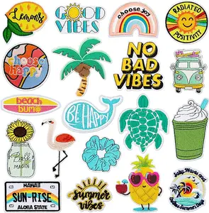 20Pcs Summer Beach Hippie Iron on Patches Cute Vintage Sew on Embroidered Patches Aesthetics Applique for Hats Clohes Jackets Jeans Backpacks and DIY Craft