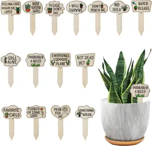 15 count Garden  Markers, Wooden  Labels Tab Funny  Signs with Stake, Interesting Words & Cute Patterns Garden Tags Labels for Outdoor Indoor Patio Supplies Novelty Gifts