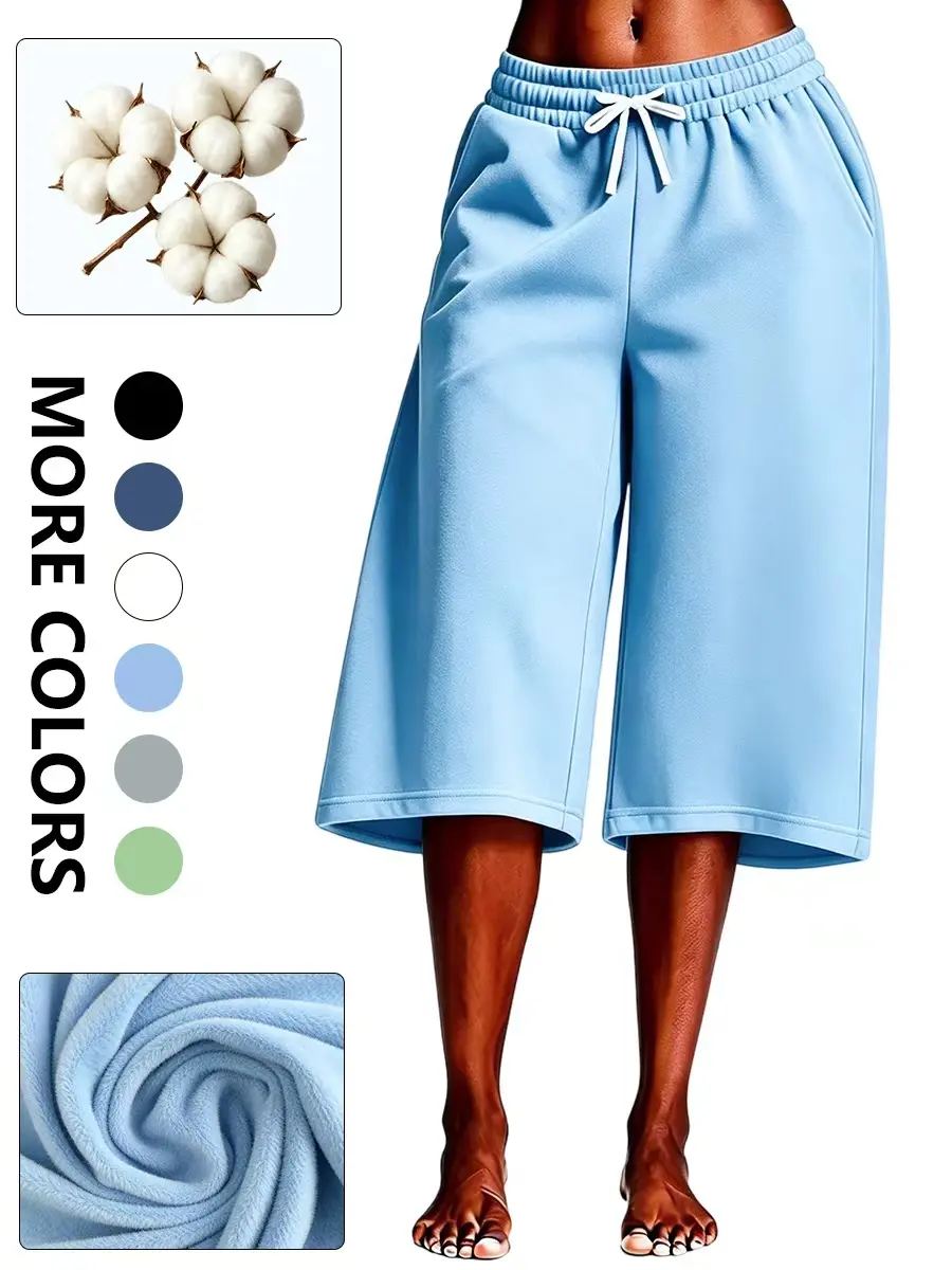 Plus Size Women's Low-Rise Capri Sweatpants - Cotton Blend Nightwear Pajama Pants, Casual Wide-Leg Drawstring Lounge Pants with Pockets, Lightweight Comfortable, Capri Cut, Cotton Poly