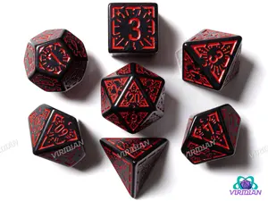 Red Night Stars | Black and Dark Red Ornate Star Design | Acrylic Dice Set (7)