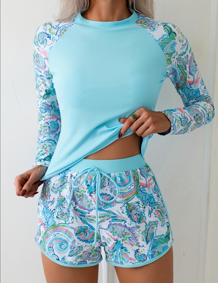 Women's Boho Rash Guard Swimsuit - 2-Piece High Neck Long Sleeve Tankini Set with Printed High-Stretch Shorts for Beach Surfwear Rashguards, Rash Guard Swimsuits, Sets, Two Pieces