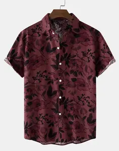 Retro Red Flower Hawaiian Shirt Menswear, Floral Button Collared Shortsleeve Aloha Top, Casual Classic Tropical Stylish Polyester Streetwear