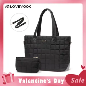 【Valentine's Day Gift】LOVEVOOK 17.3'' Laptop Tote Bag for Women,Large Puffer Work Bag,Lightweight Quilted Travel Bags for College, Work, and Everyday Use, Nylon Tote Bags with Clutch Purse,Quilted Laptop Tote with Clutch,TikTokShopJumpstartSale