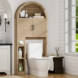 Spurgehom Arched Over The Toilet Cabinet with Doors, Freestanding Bathroom Storage Organizer with Adjustable Shelf and Anti-Tip Device, Space-Saving Unit for Laundry Room and Mini Bar