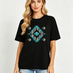 Women'S Western & Indian-Inspired Graphic T-Shirt - Black Short Sleeve Crew Neck Top with Turquoise Geometric Design, Casual Spring/Summer Wear, Casual Attire | Crew Neck Top | Vibrant Print Top Womenswear Tshirt Streetwear Crewneck Fitted Shortsleeve, Ro