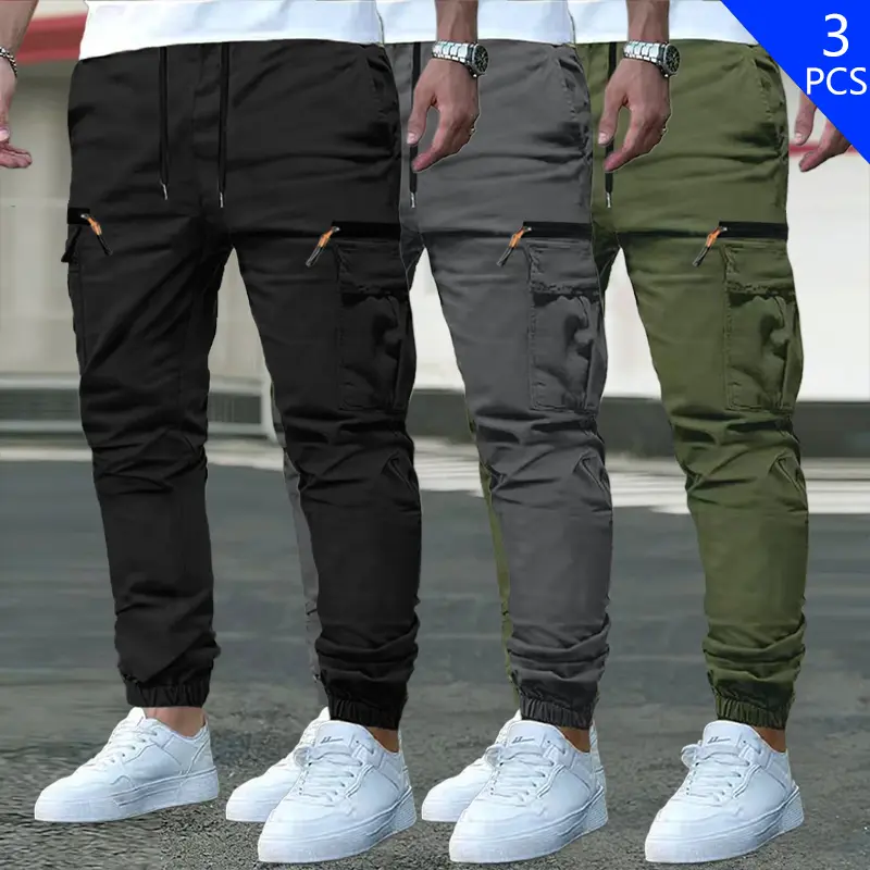 3-Pack Men’s Casual Cargo Pants with Side Drawstring Waist and Pockets — Fashionable, Versatile Long Pants with Cuffed Ankle Fit, Suitable for Outdoor Hiking, Mountaineering, and Casual Sports,Fathersdaygift