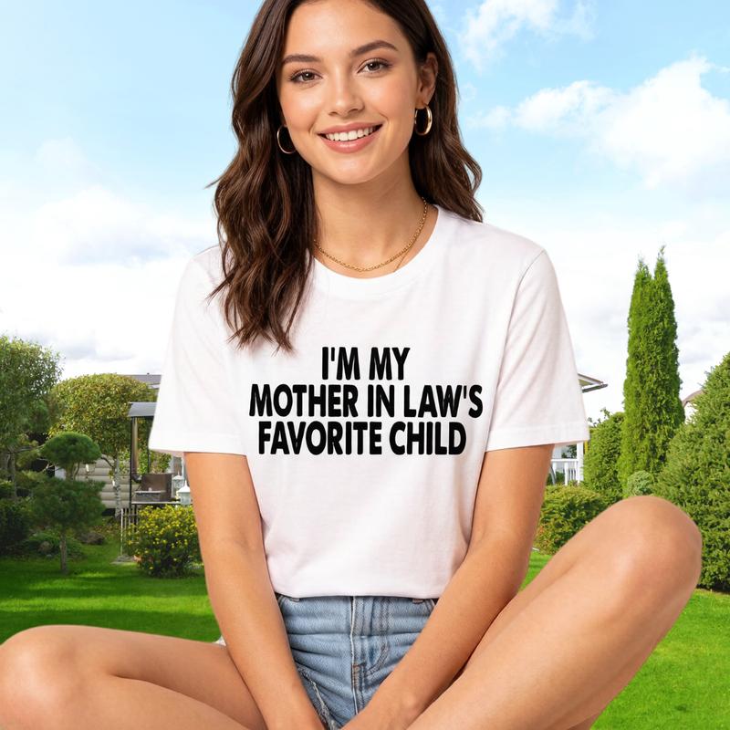 Women's Organic Cotton Graphic Short-Sleeve Round Neck Top T-Shirt - "I'm My Mother-In-Law's Favorite Child" Funny Shirt, Helmet-Inspired Design, Casual Wear for Summer Outdoor Fun,summerwins,summerou