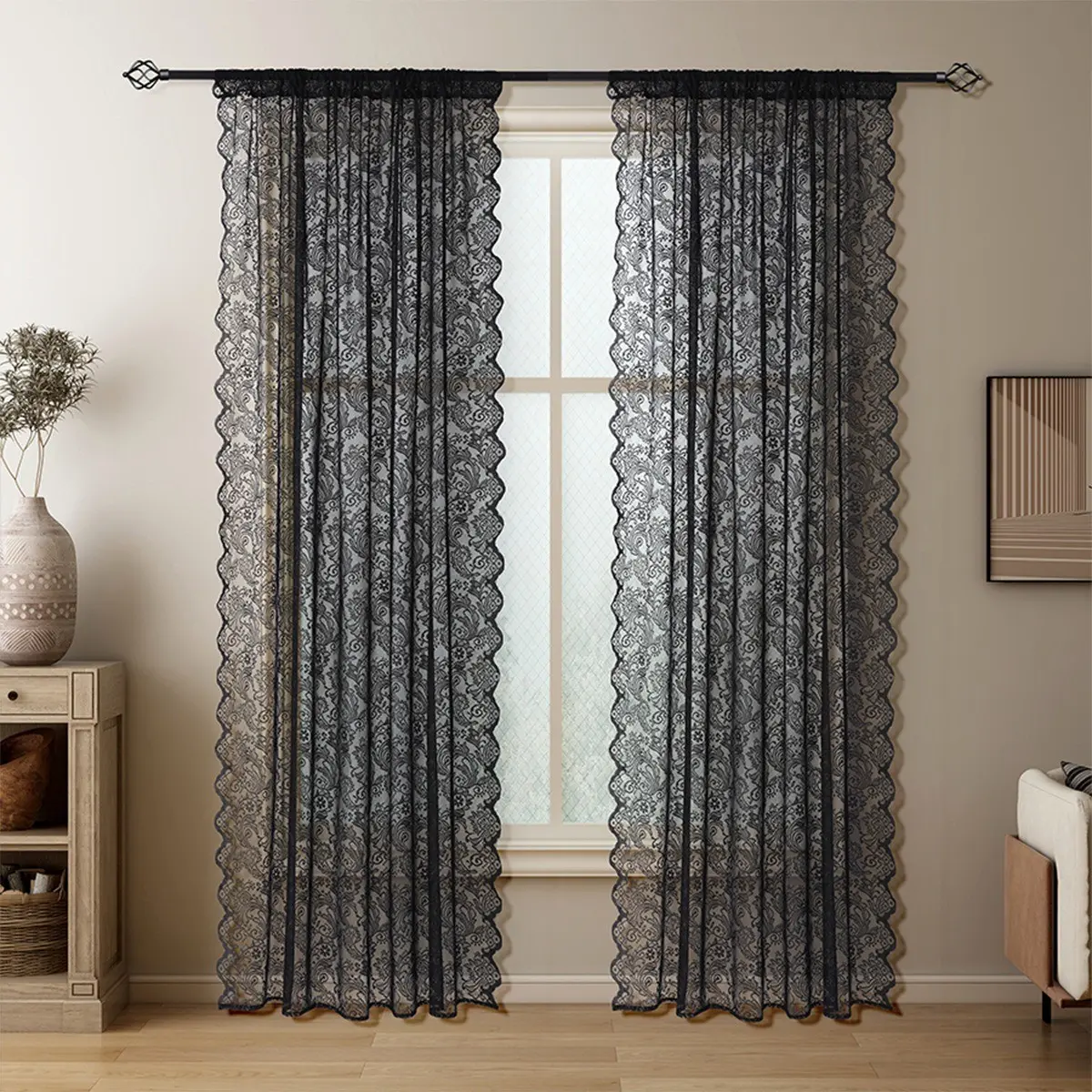 1pc French Vintage Lace Curtain, Living Room Bedroom Decor, Privacy Window Sheer Divider, Elegant Mesh Curtain, Home Decoration, Scalloped Curtains, Lightweight Curtains