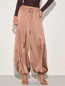 Women's Summer Satin Belted Pleated Wide Leg Loose Harem Pants, Pure Color Drawstring Long Pants, Casual Fashion Clothing