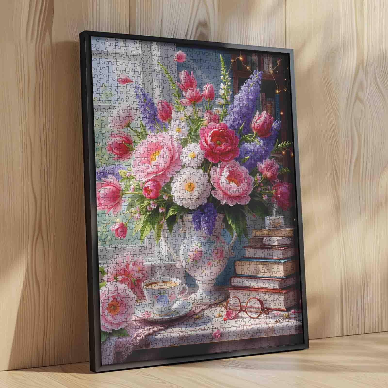 Tucocoo Romantic Flower Arrangement with Books 1000 Pieces Jigsaw Puzzle for Adult, pink blooms in vase beside stacked books warm light cozy reading scene, relaxing hobby brain training family fun decorative wall art gift 27.5x20inch 70x50cm