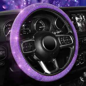 KAFEEK Diamond Elastic Steering Wheel Cover with Shining Crystal Water Diamond, Universal 15 inch, Black, Red, Purple, White