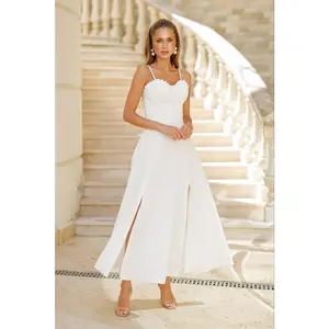 White Shell-Pleated Bustier Spaghetti Strap Midi Dress
