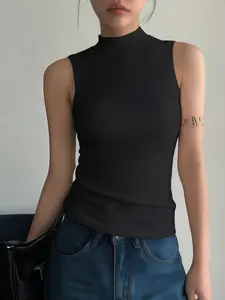 Women's Mock Neck Casual Workout Tank Tops, Solid Color Sleeveless Slim Fit Athletic Tops, Moisture-Wicking Breathable Ribbed Shirts for Running, Gym, Yoga, Outdoor Activities