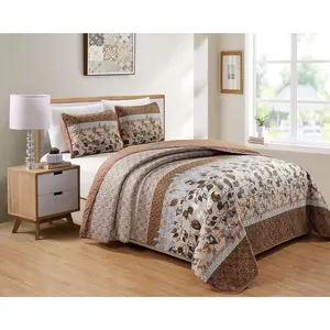 Home Linen Bedspread Set Brown Tan Sky Blue Leaves White New (King/California King)