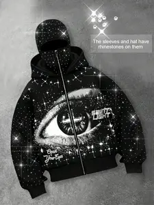 Eye pattern, two hats, zipper hoodie for men, sleeve hat with rhinestones, sparkling starry sky cardigan, hooded unisex hoodie, European and American street casual fashion trend jacket, autumn and winter velvet hoodie, party nightclub Instagram style