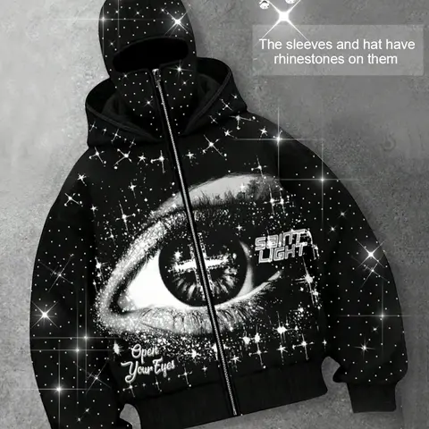 Eye Pattern Long Sleeve Zipper Graphic Print Hoodie for Men, European and American Street Casual Jacket, Autumn and Winter Thermal Lined Hooded Sweatshirt, Ideal for Party & Nightclub, Aesthetic Instagram Style