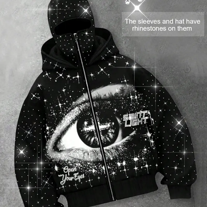 Eye Pattern Long Sleeve Zipper Graphic Print Hoodie for Men, European and American Street Casual Jacket, Autumn and Winter Thermal Lined Hooded Sweatshirt, Ideal for Party & Nightclub, Aesthetic Instagram Style