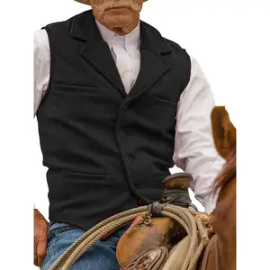 Men's Vintage Wool Herringbone Cowboy Vest - Retro Western Style Sleeveless Jacket with Pockets, Brown Tweed Blend for Casual & Business Wear, Casual Wear Vest |   Rustic Style Jacket |   Wool Blend Fabric