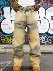 Men's Denim Jeans Distressed Wash Plain Wide Leg Pants, Trendy Loose Fit Beggar Style Streetwear Hip Hop Straight Leg, Casual All Seasons Pocket