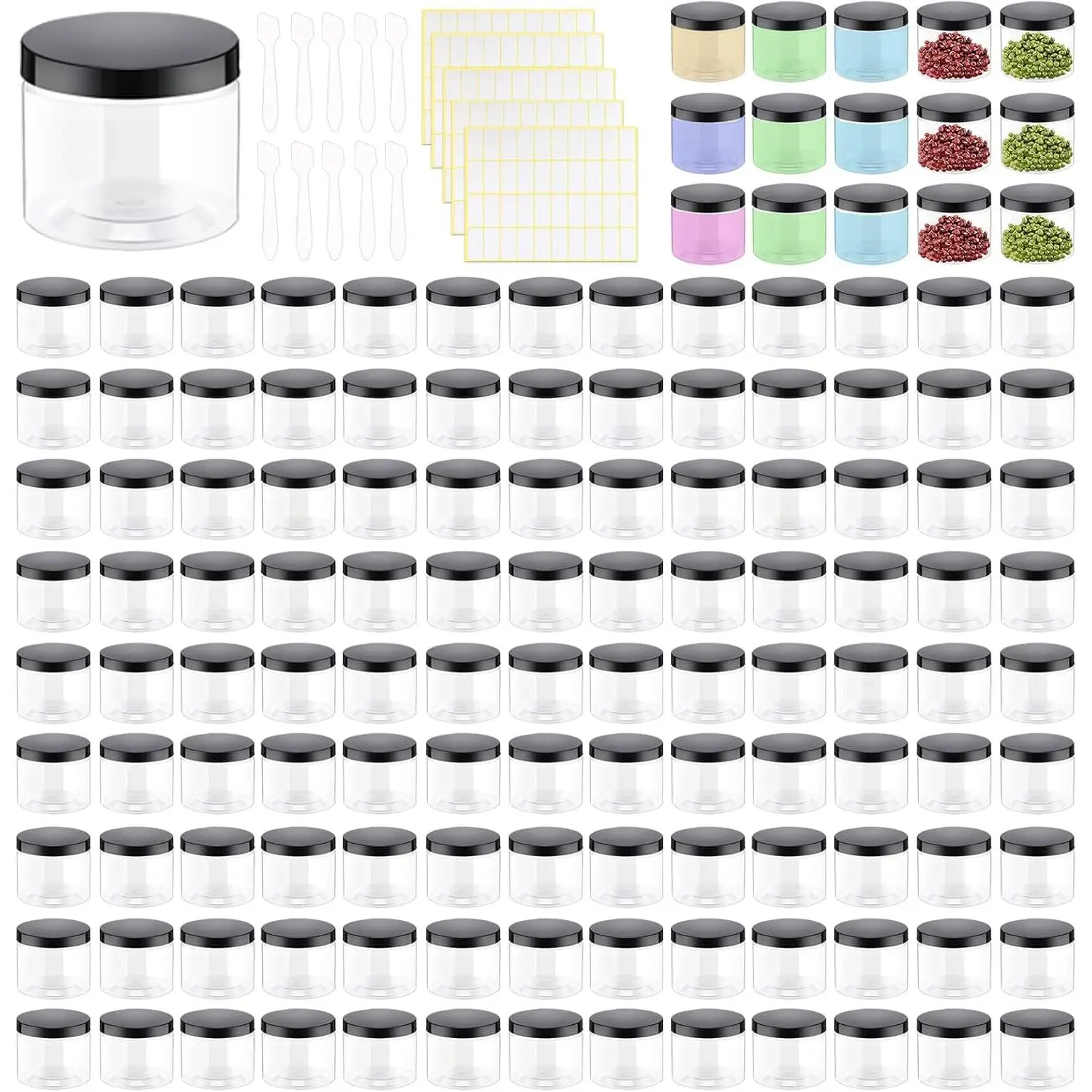 170 Pcs 2 oz Plastic Container Jars with Lids, Empty Round Cosmetic Jars with 5 Labels 3 Facial Mask Spoons, for Lotion, Cream, Makeup, Eye Shadow, Rhinestone, Samples, Travel Storage(Black)