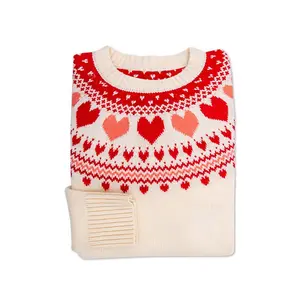 Cream Knit Sweater with Red and Pink Heart Fair Isle Pattern for Cozy Valentine's Look-D231139