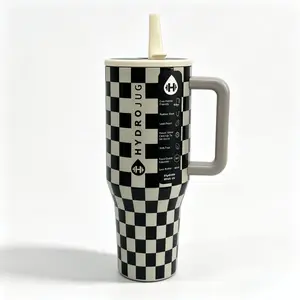Black & White Checkered 40oz Hydrojug Tumbler with Handle & Flip Straw Lid, Double Wall Vacuum Insulated Stainless Steel Travel Mug, Leakproof Cup Fits Car Cup Holder for Driving Gym Camping