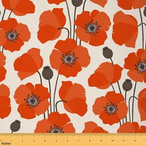 Upholstery Poppy Flower Fabric by The Yard,2 Yard,Red Floral Botanical Decorative Fabric for DIY Projects,Spring Rustic Garden Theme Waterproof Fabric