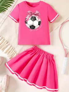 Girls' Sporty Football Bow Print Short Sleeve Pleated Skirt Set, Active Colorblock Tennis Dress, Preppy Style, All Seasons