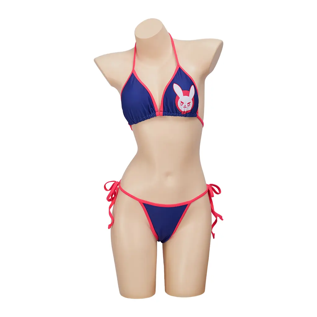 Women‘s D.Va Game Cosplay Cute Rabbit Pattern Blue Bikini Set Sexy Halter Neck Swimsuit