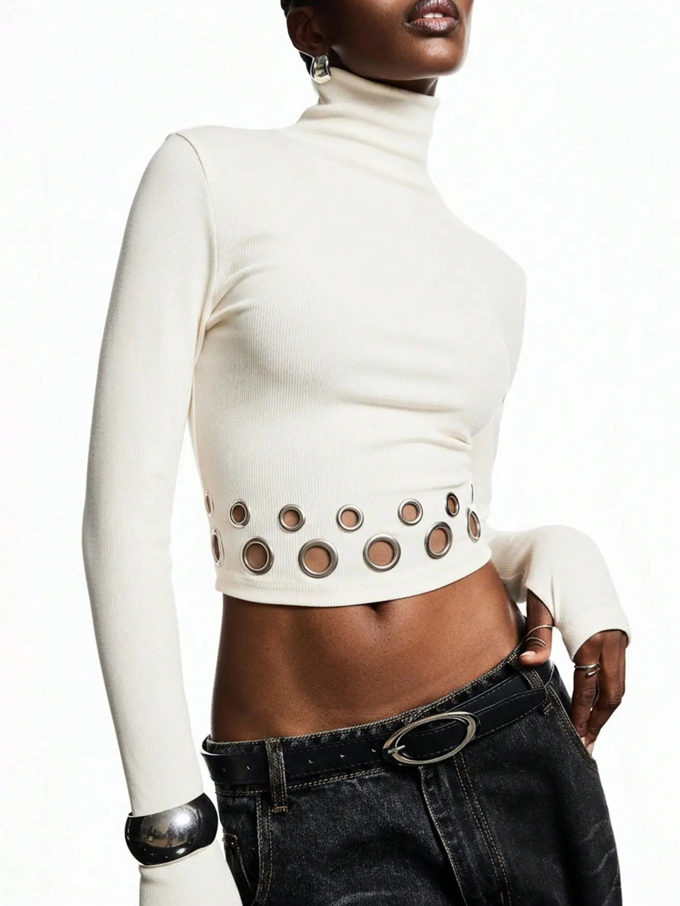 LALUZ Metallic Eyelet Hem Avant-Garde Black And Silver Cropped Turtleneck Long Sleeve Top Women's Party Outfit