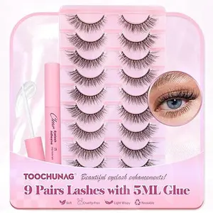 Natural Lashes Kit with Lash Glue 3D False Eyelashes Wispy 12mm Short Cat-Eye Lashes with 5ML Clear Eyelash Glue 9 Pairs Fake Eyelashes with Glue
