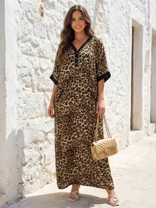 EDOLYNSA Leopard dress pocket robe Female Casual Boho Style Womenswear cover up comfy outfit daily wear lounge wear relaxed caftan summer wear fresh dress Homewear bathrobe Q1839