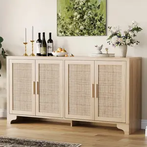 4-Door Sideboard Buffet Cabinet, Natural Rattan Storage Cabinet, Boho Entryway Console Table, Coffee Bar Station for Dinning Room, Living Room, Kitchen