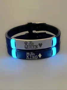 Cute Night Glow Couple Luminous Bracelets Set, Crown & Letter Pattern Silicone Wristbands, Unisex Stainless Steel Chain, Perfect Gift for Lovers