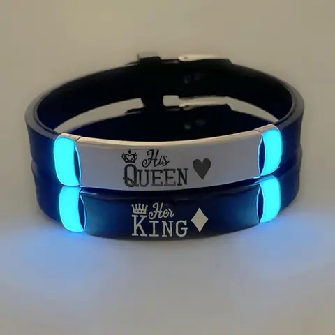 Couple Luminous Bracelets Set, Bracelet Sets, Matching Bracelet, Crown & Letter Pattern Silicone Wristbands, Unisex Stainless Steel Chain, Perfect Gift for Lovers, Heart Shaped Bracelet
