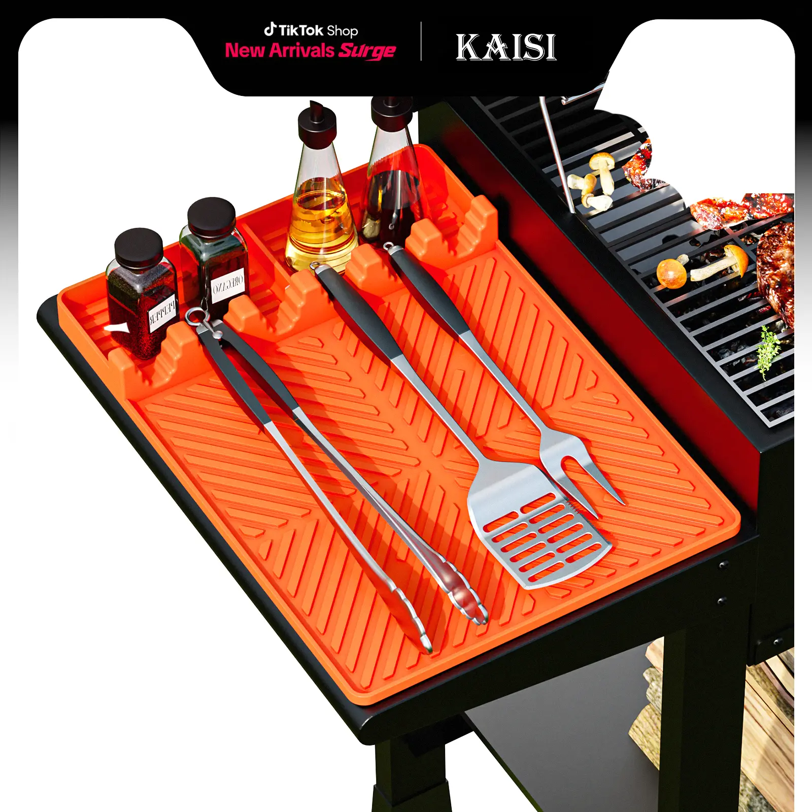 Large Silicone Grill Mat with Drip Pad - 16in x 11.5in Non-Slip Draining Pad, Durable Barbecue Utensils Rest for Outdoor BBQ Side Shelf & Kitchen Counter, Heat-Resistant, Waterproof, Oil-Resistant, Dishwasher-Safe (Orange) Kitchenware, Practical, Heat Res