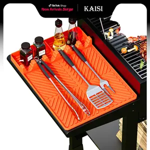 Silicone Grill Mat, Large Silicone Grill Tool Rest Mat with Drip Pad — Heat-Resistant, Waterproof & Oil-Resistant for BBQ Side Shelf & Kitchen Counter (Orange)