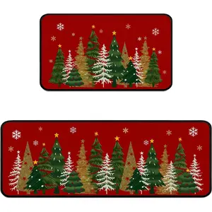 Christmas Kitchen Mats for Floor,Xmas Tree Kitchen Rugs Sets of 2,Red Christmas Non-Slip Kitchen Decor Floor Rug  Decoration Doormat