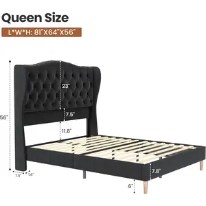 Velvet Upholstered Queen Bed Frame with Wingback Tufted Headboard, Sturdy Metal Platform, No Box Spring Needed, 6" Underbed Clearance, Elegant Black Bed for Modern Glam Bedroom