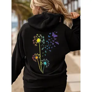 Women's Dandelion Rainbow Dragonfly Butterfly Floral Print Hoodie Long Sleeve Hooded Fashion Streetwear Soft Cotton Blend Womenswear Sweatshirts Tops Pullover