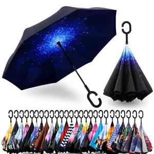 49/56 Inch Inverted Reverse Upside Down Umbrella, Extra Large Double Canopy Vented Windproof Waterproof Stick Golf Umbrellas with C-shape Handle.