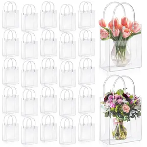50 pcs Mother's Day Clear Plastic Gift Bags with Handles PVC Reusable Goodie Bags Transparent Totes Bags for Candy Flower Wedding School Birthday Galentine Party