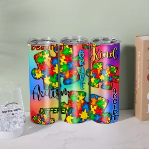 Autism Awareness Puzzle - themed 20OZ Straight Tumbler with Straw | "Beautiful, Brave, Kind, Accept, Different" | Inspirational & Colorful Design | 304 Stainless Steel | Long - lasting Insulation | Ideal for Advocates, Gifting & Daily Use | TikTok Hot Ite
