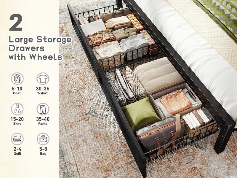 Raybee LED Bed Frame with Charging Station & 2 Drawers, No Mattress, Farm Style Full Queen King Size Bedframe with Headboard & 2 Wooden Drawers, Noise Free, Holds 900lbs, No Box Spring Needed