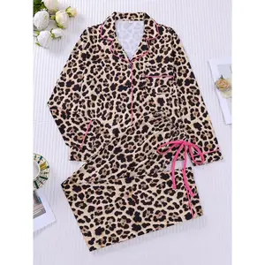 Two piece leopard print set, paired with pink long sleeved pants, soft and comfortable, skin friendly and smooth. Small pocket, button closure, bow tie, adjustable waistband, suitable for all seasons, home wear, casual pajamasRAIMENTRY
