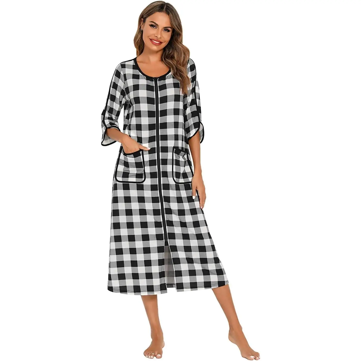 RONGTAI Comfy Cotton Long Robe with Front Zipper - Slimming Striped 3/4 Sleeve Nightwear with Pockets for Women (Year-Round)