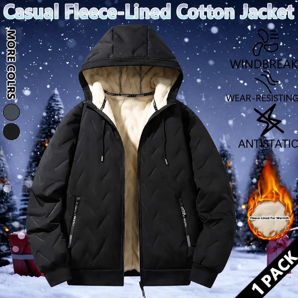 Men's winter jacket lined hooded jacket windproof and waterproof heavyweight outdoor warm jacket with safety zipper pocket high-performance filled bomb jacket lightweight geometric texture technology clothing black
